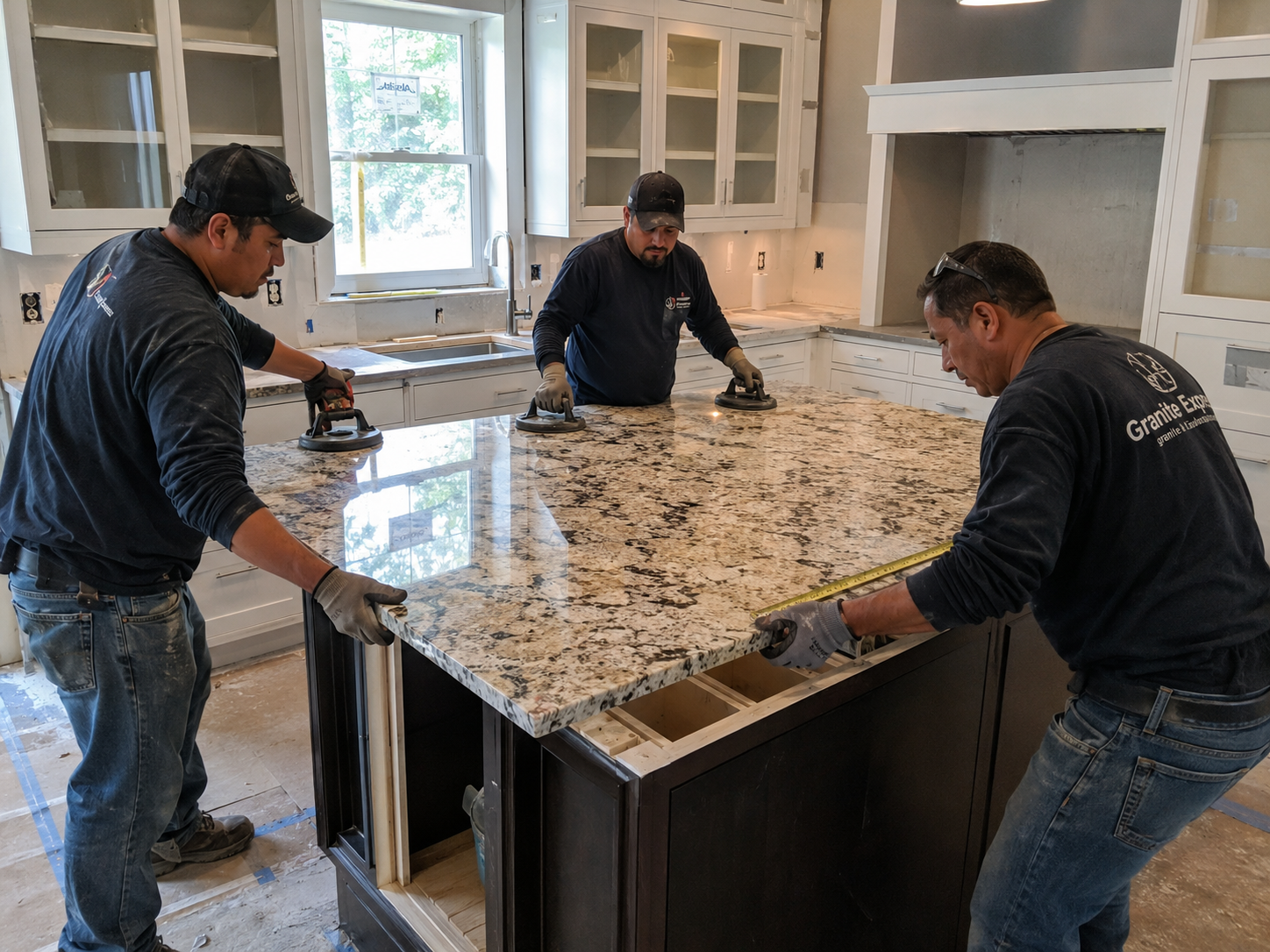 Professional countertop installation in Ohio with installers setting a granite kitchen island slab